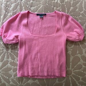 French Connection Pink Puff Sleeve, Square-Neck Ribbed Knit Top XS